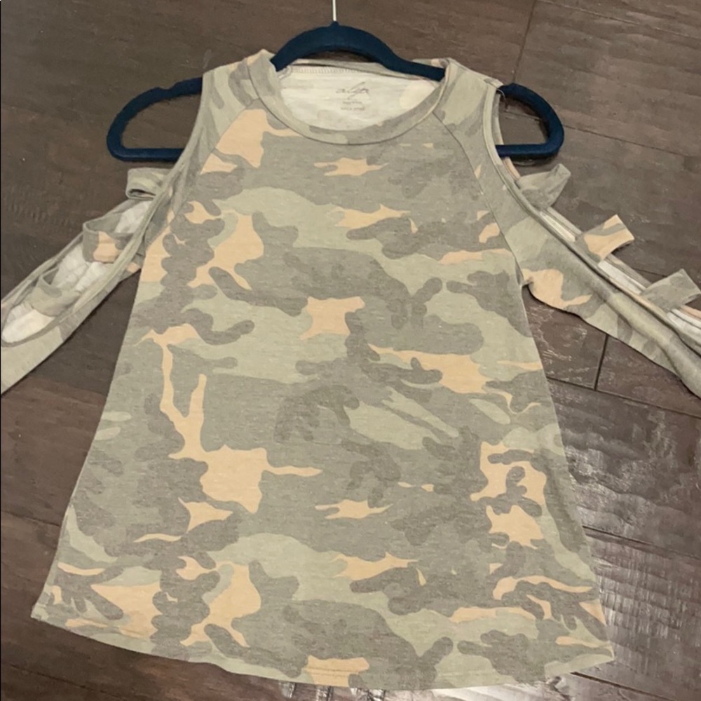 camo long sleeve with off the shoulder cut outs